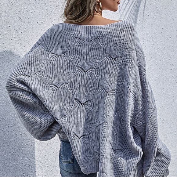 New Grey Scalloped Oversized Cozy Boho Sweater Top - Picture 5 of 7